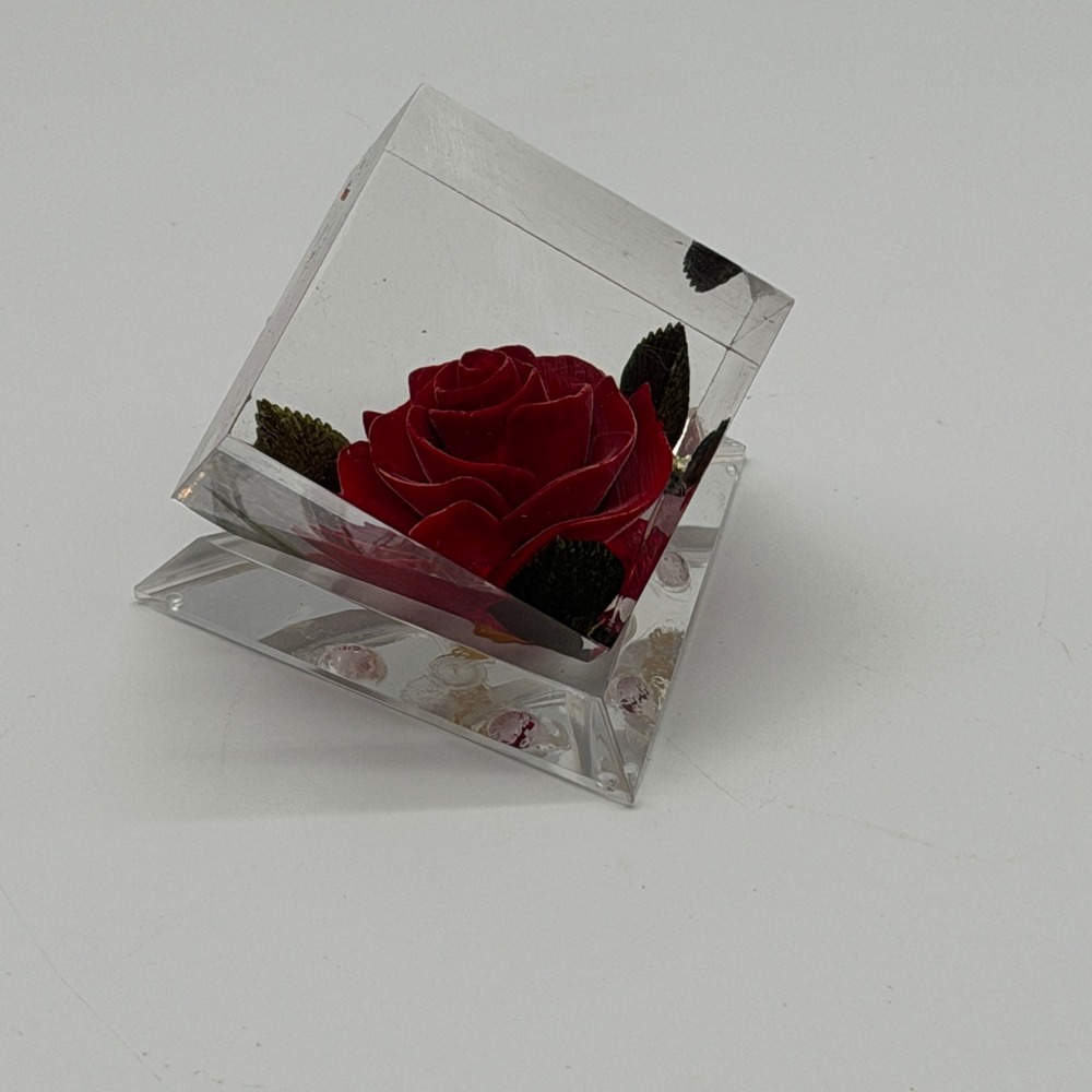 Vintage Bircraft Hand Carved Red Rose Lucite Cube Paperweight Decor Indiana